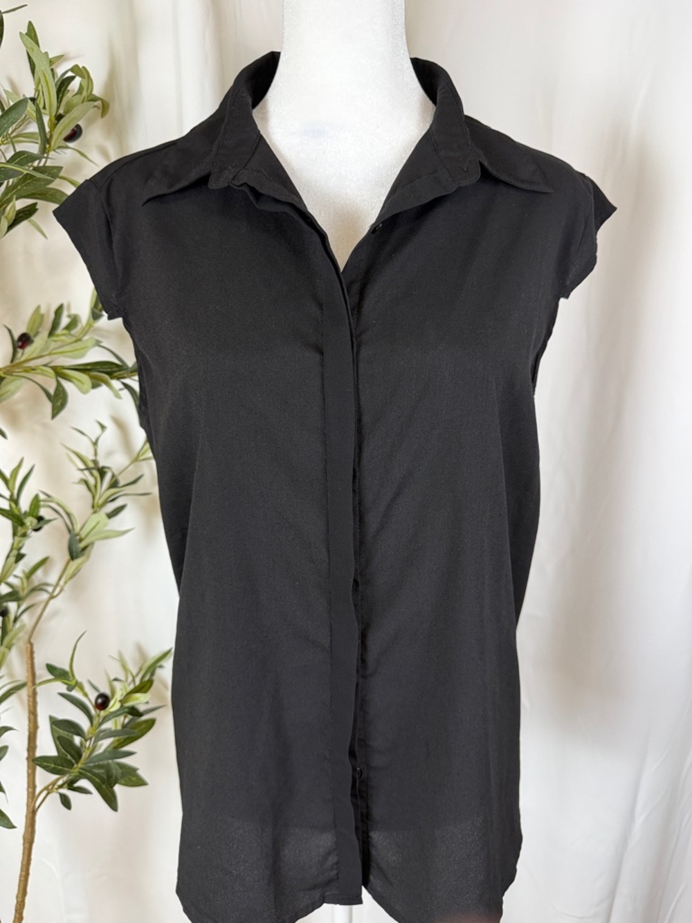 Cap-Sleeve Collared Button-Front Blouse Hidden Buttons Sheer Back Sz M (T6)